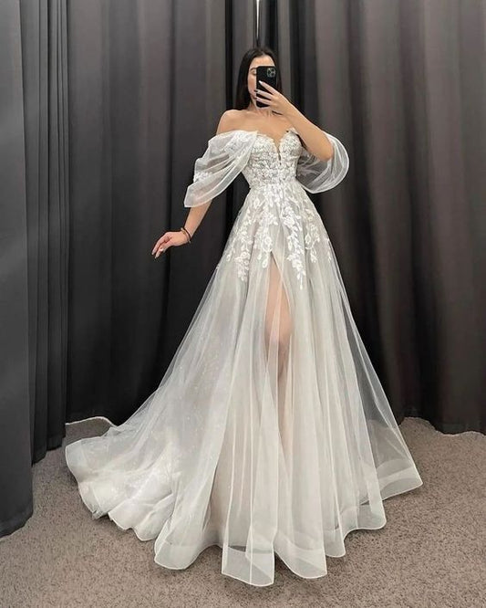 Robe de mariée trapèze ivoire pour femme, col en V, manches courtes, longue, fg6237