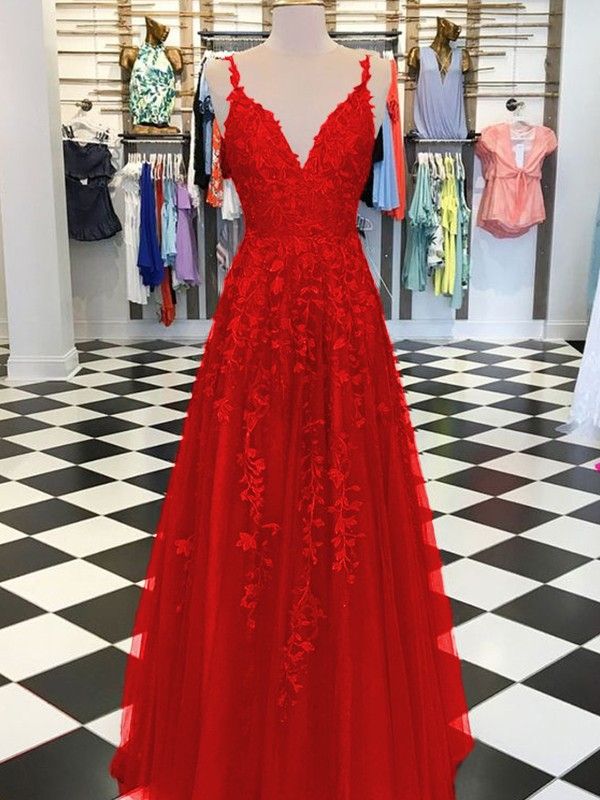 A-line/princess Sleeveless V-neck Floor-length Applique Tulle Dresses formalgowns A-line/princess Sleeveless V-neck Floor-length Applique Tulle Dresses formalgowns