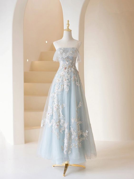 Light Blue Prom Dresses Fairy,Long Blue Tulle Floral Appliques Formal formalgowns Light Blue Prom Dresses Fairy,Long Blue Tulle Floral Appliques Formal formalgowns