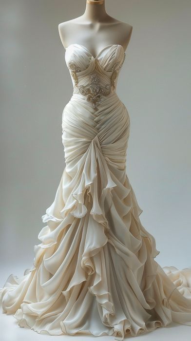 Vintage Mermaid Strapless Chiffon Prom Dresses Wedding Dress fg7837