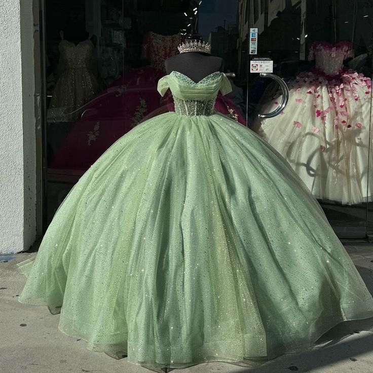 Sage Green Luxury Quinceanera Dresses Off The Shoulder Green Ball Gown formalgowns Sage Green Luxury Quinceanera Dresses Off The Shoulder Green Ball Gown formalgowns