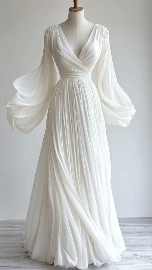 Schlichtes A-Linien-Chiffon-Vintage-Abendkleid mit V-Ausschnitt und langer Trägerin fg7690