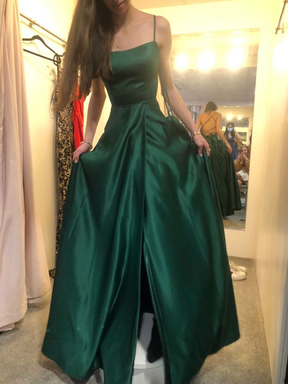 Robe de bal simple en satin vert, robe de soirée longue et formelle fg6265