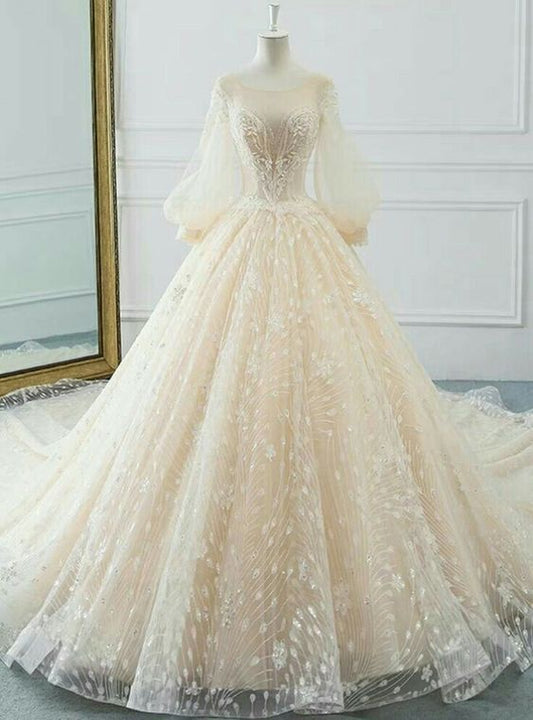 Robes de mariée vintage à manches longues, robe de bal sexy en dentelle avec appliques, fg5419