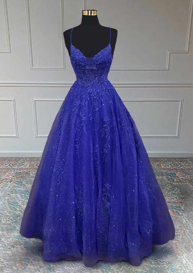 Königsblaue Ballkleider, A-Linie, V-Ausschnitt, Spaghettiträger, langes/bodenlanges Tüll-Ballkleid mit applizierten Perlen und Glitzer fg5413