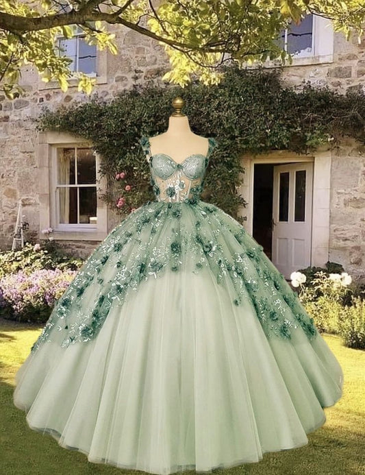 Robe de Quinceanera en tulle vert coupe trapèze avec appliques en dentelle fg6507
