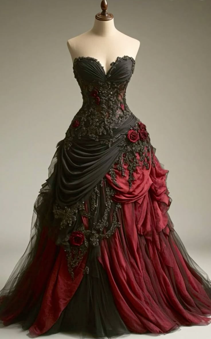 Gothic Victorian Wedding Dress, Pleated Floral Rose 3D Custom Black Bu formalgowns Gothic Victorian Wedding Dress, Pleated Floral Rose 3D Custom Black Bu formalgowns
