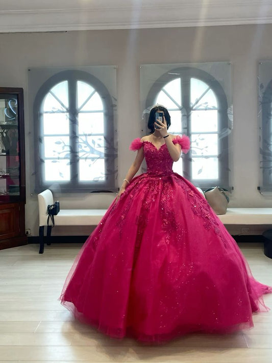 Robe de bal en tulle et dentelle à épaules dénudées pour un 16e anniversaire (fg6297)