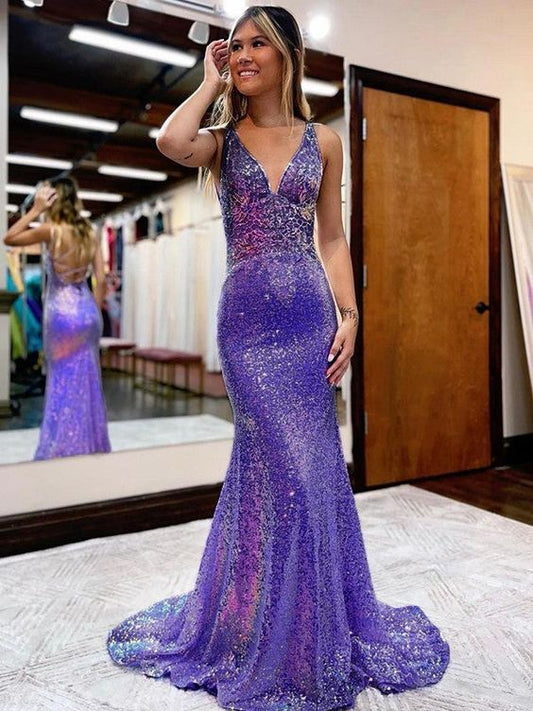 Robe de bal fourreau/colonne à col en V et traîne courte à paillettes fg6213