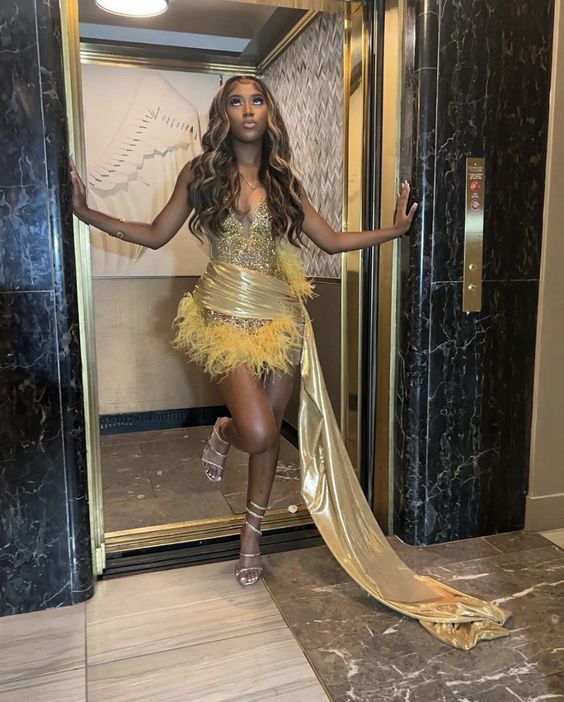 Sexy Black Girls Birthday Dresses Gold Rhinestone Feathers Mini Cockta –  formalgowns