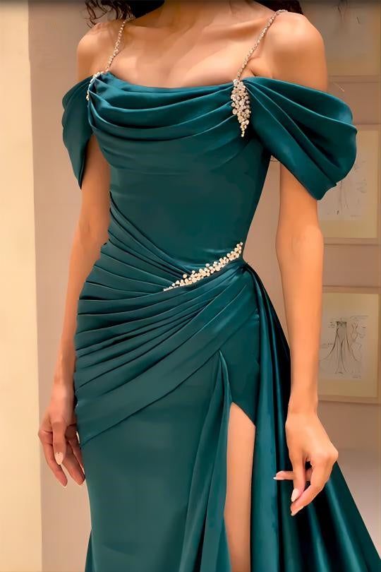 Hochwertiges schulterfreies dunkelgrünes Satin-Ballkleid mit Perlenbesatz fg6209