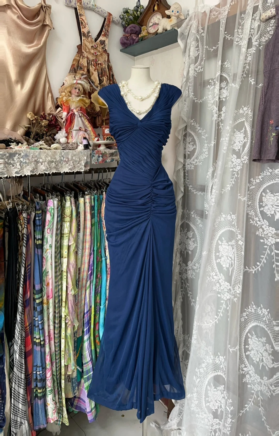 Marineblaues Meerjungfrau-Falten-Vintage-Ballkleid, langes Abendkleid fg8038