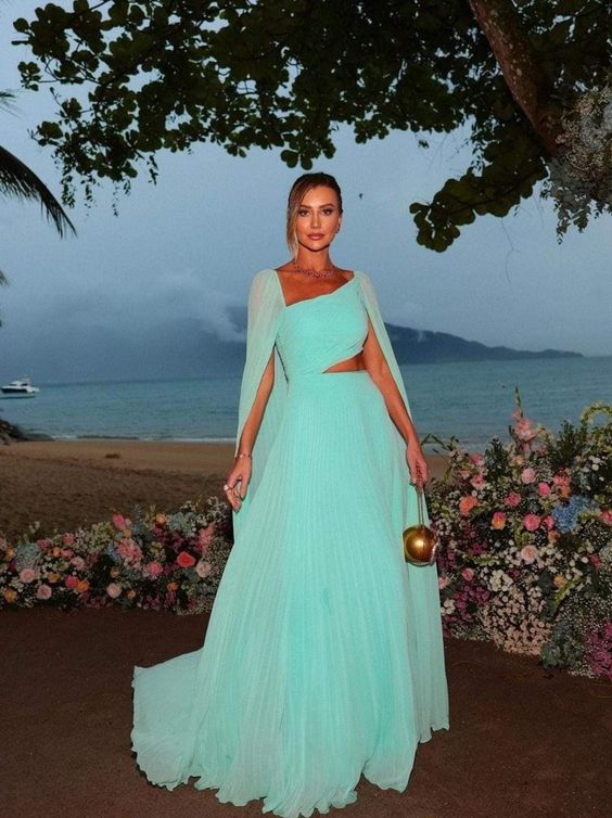 Party Dresses Elegant Mint Green Chiffon Prom Dress A-Line Long Cape S formalgowns Party Dresses Elegant Mint Green Chiffon Prom Dress A-Line Long Cape S formalgowns