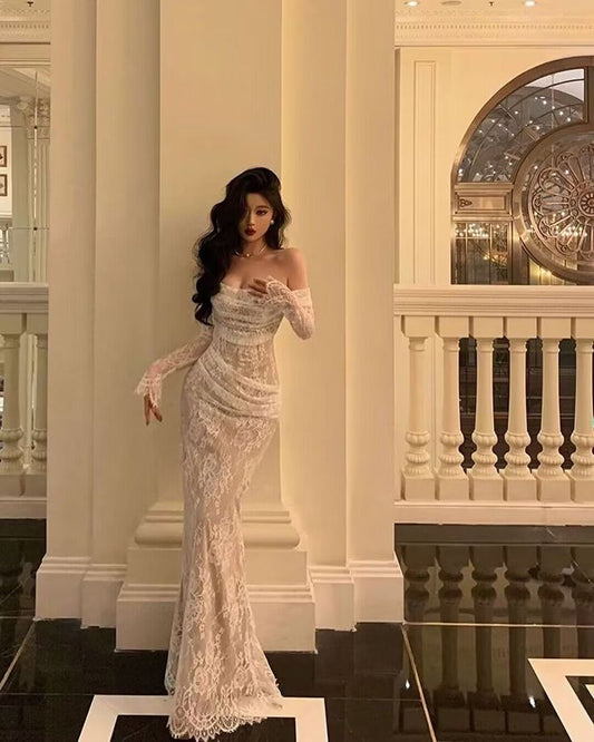 Robe de bal longue style sirène en dentelle à épaules dénudées fg5884