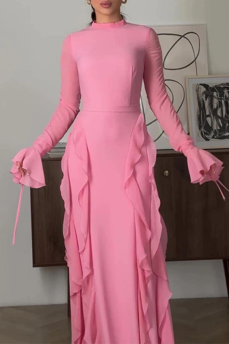 Robe longue décontractée en mousseline à volants pour femme, tenue de soirée fg7442