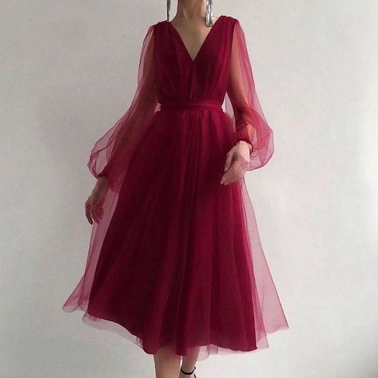 Robe de soirée courte trapèze, col en V, manches longues bouffantes, tulle, robe de bal formelle pour remise de diplôme, fg2856