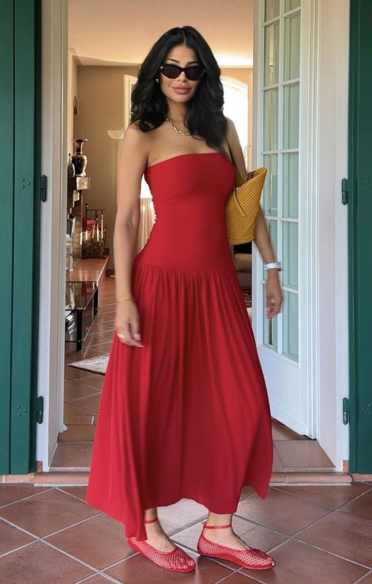 Robe de soirée longue rouge sans bretelles, coupe trapèze, robe d'invitée de mariage fg7403