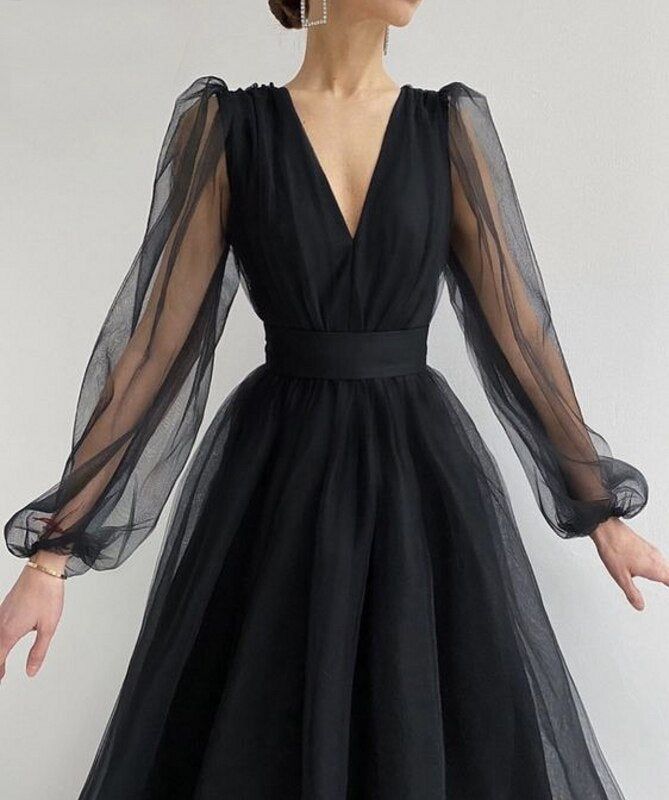 Robe de soirée courte trapèze, col en V, manches longues bouffantes, tulle, robe de bal formelle pour remise de diplôme, fg2856