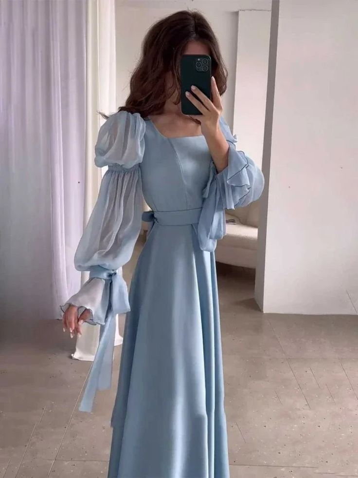 Robe de soirée longue bleu clair à manches bouffantes fg6688