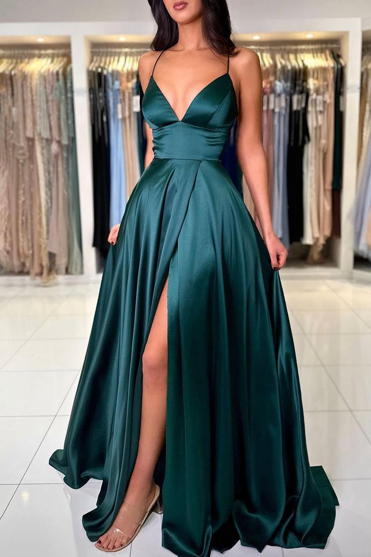 Robe de bal longue en satin à col en V, magnifique robe de soirée trapèze dos nu fg6191