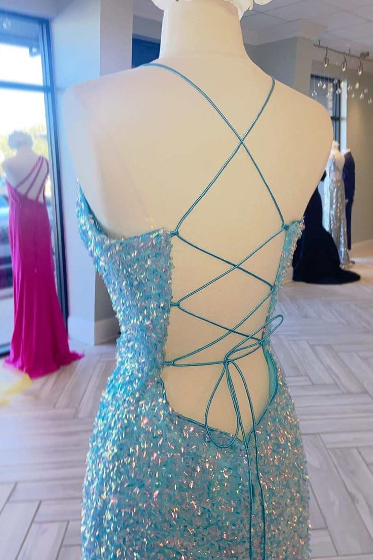Blue Iridescent Sequin Lace-Up Long Prom Dress with Slit fg6608