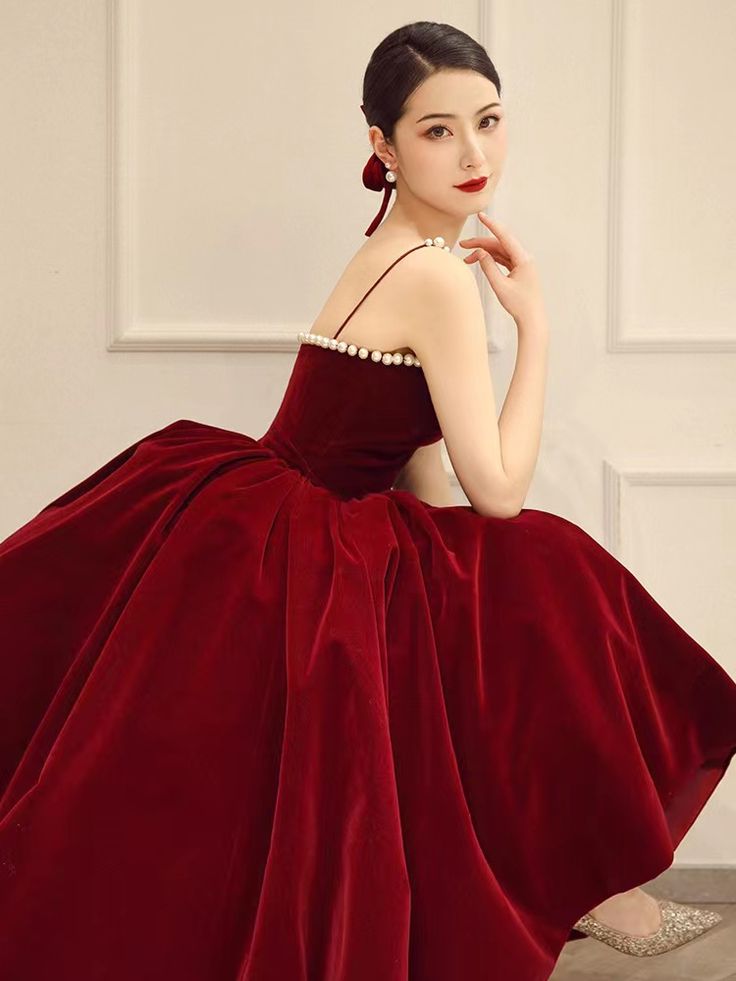 Spaghettiträger Abendkleid, rotes Partykleid, Samt-Ballkleid fg6232