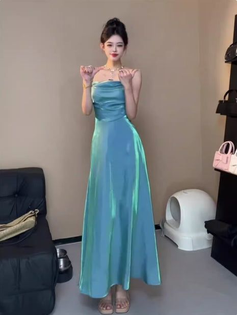 Spaghetti Straps Blue Sheath Long Prom Dresses Homecoming Dress fg6074