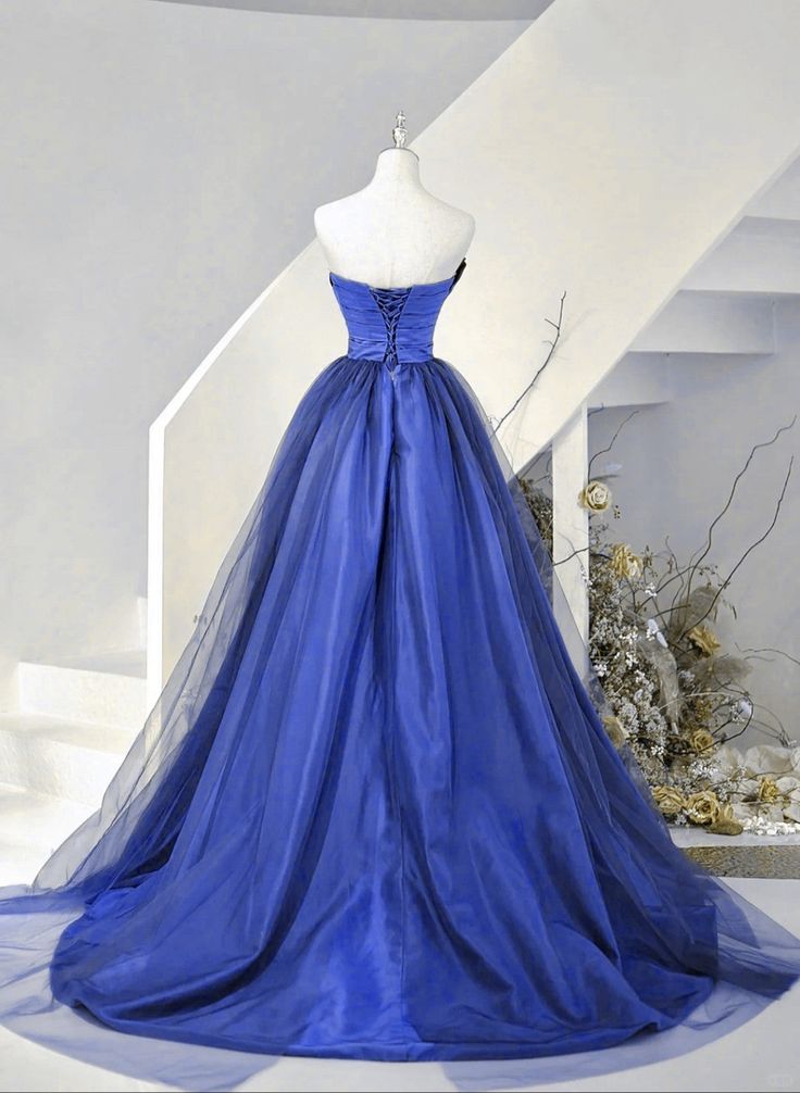 Robe de soirée longue en satin et tulle bleu, robe de bal, robe de soirée bleue fg6736