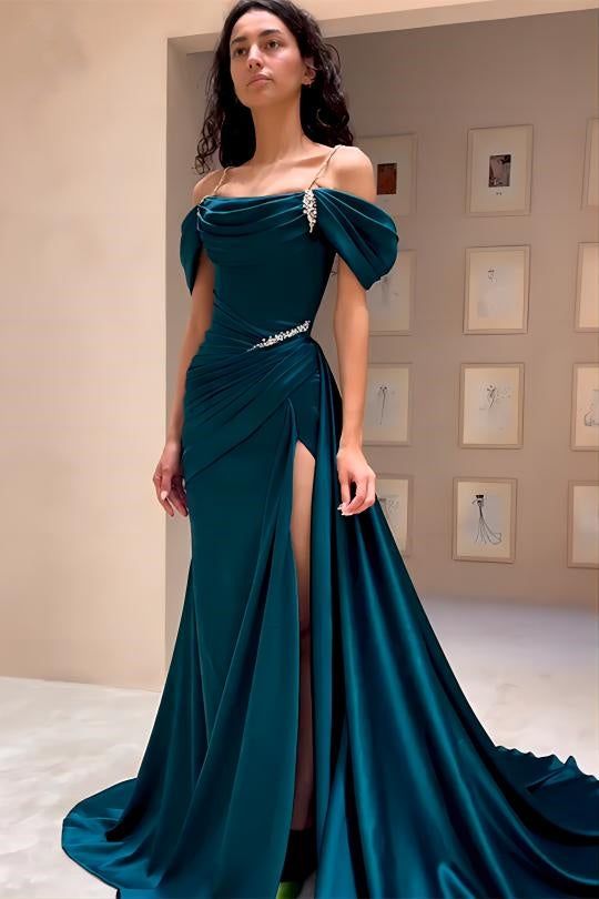 Hochwertiges schulterfreies dunkelgrünes Satin-Ballkleid mit Perlenbesatz fg6209