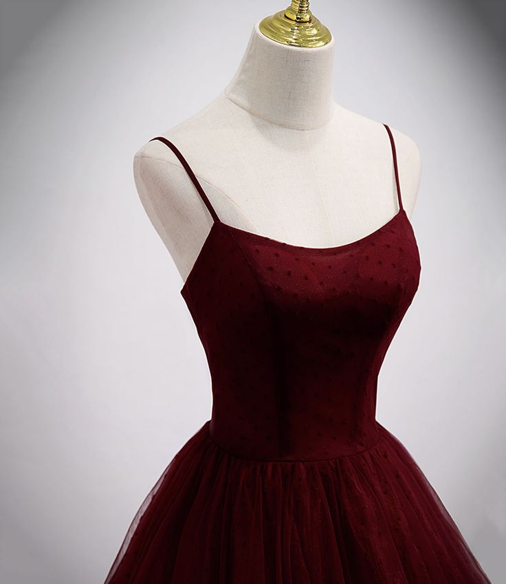 Burgundy tulle long prom dress A line evening gown fg6739