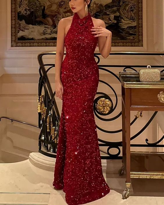 Mermaid Burgundy Halter Sequin Prom Dress, Sequin Evening Dress fg6731