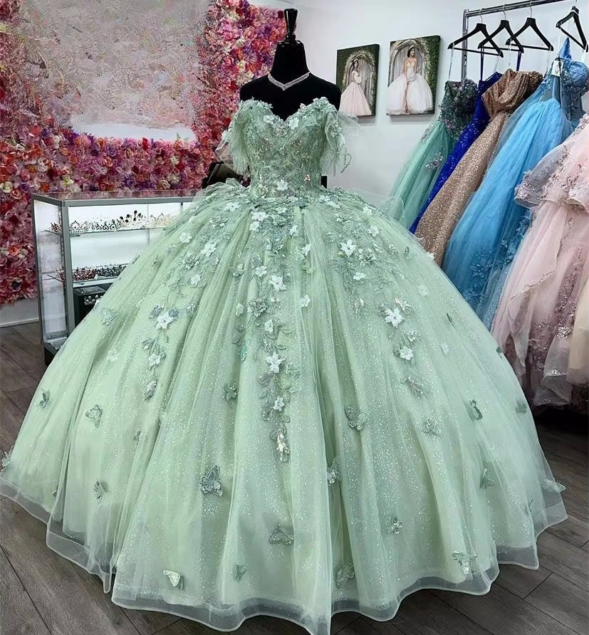 Green Quinceanera Dresses Ball Gown Off The Shoulder Tulle Appliques Sweet 16 Dresses fg6683