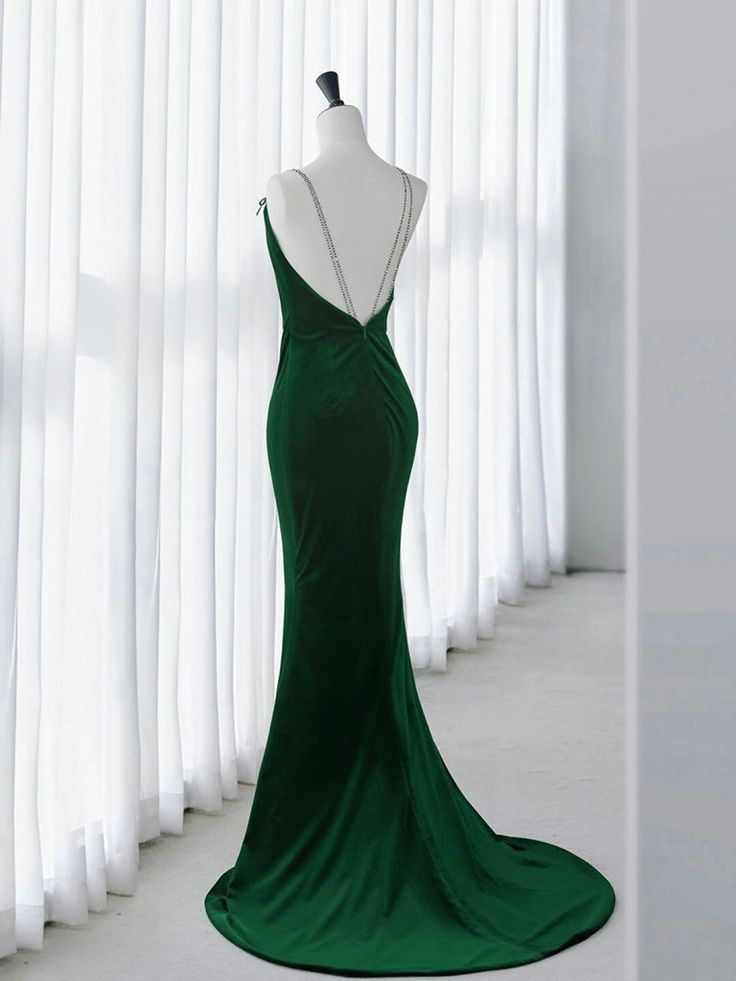 Robe de bal longue sirène verte en velours, robe de soirée longue verte fg6740
