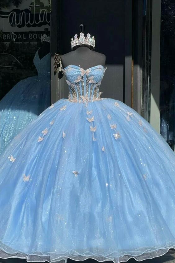 Sky Blue Quinceanera Dresses 3D Butterfly Sweet 16 Prom Birthday Party Ball Gown fg6604