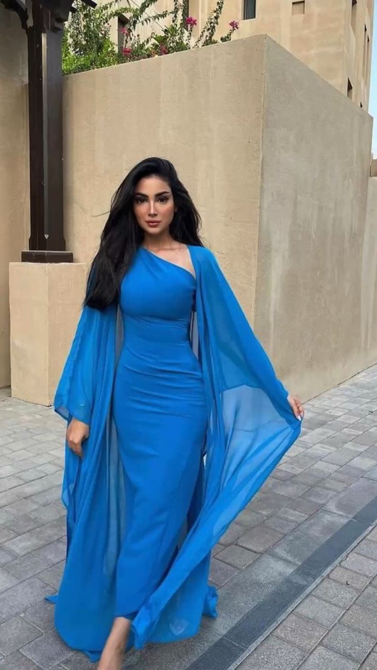 Robe de soirée longue vintage en mousseline de soie bleue, fourreau, longueur au sol, style musulman, fg6429