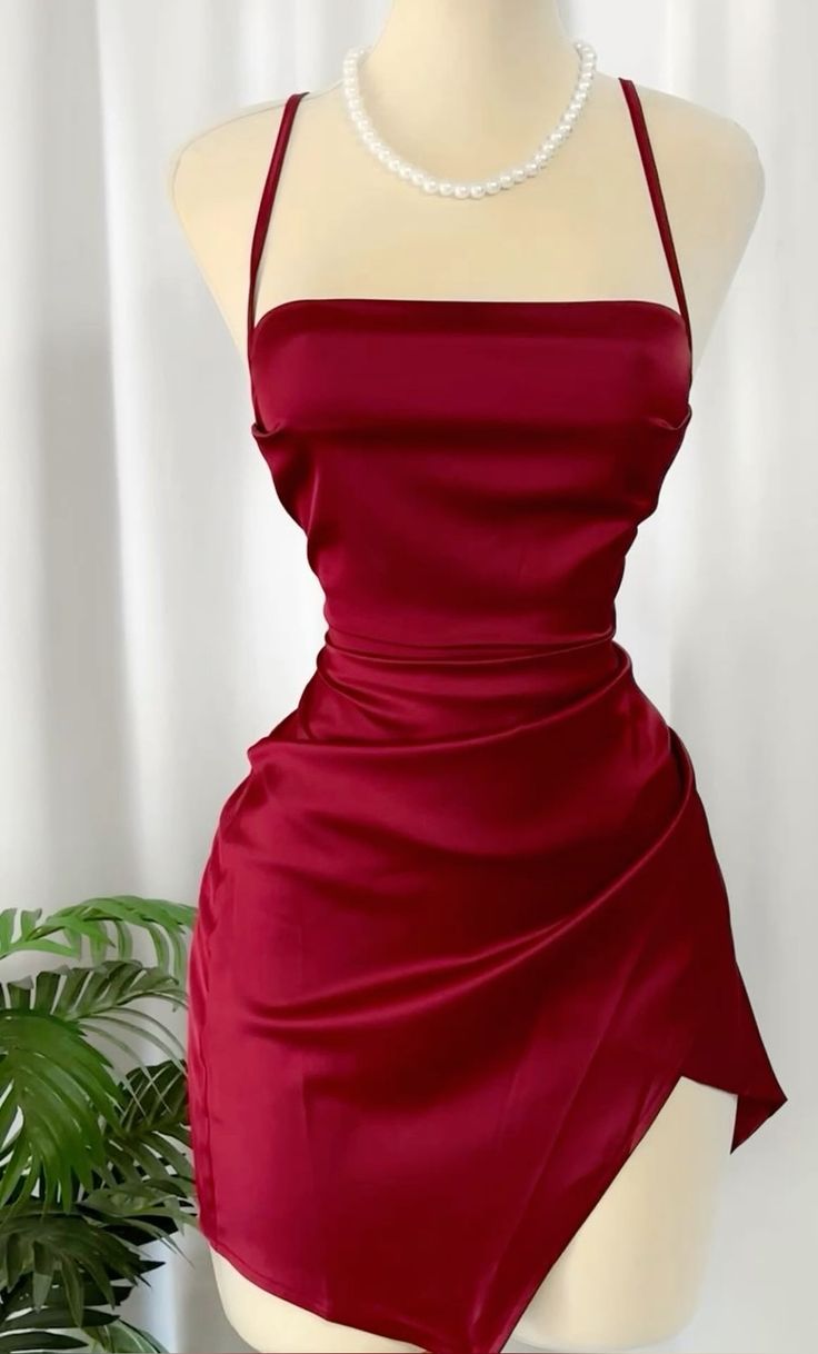 Robe de bal courte à bretelles spaghetti bordeaux, robe de soirée fg6119