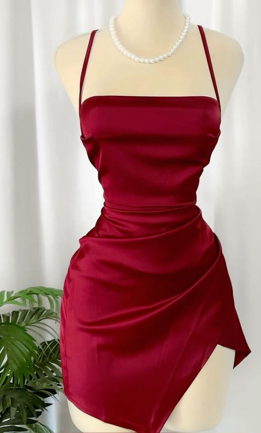 Robe de bal courte à bretelles spaghetti bordeaux, robe de soirée fg6119