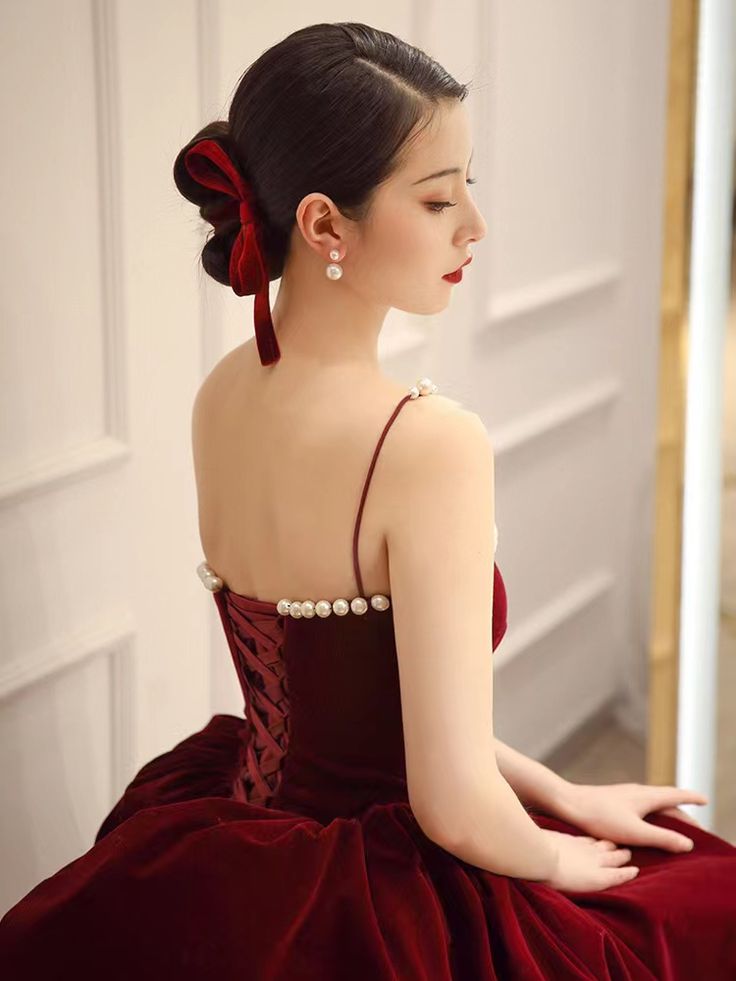 Spaghettiträger Abendkleid, rotes Partykleid, Samt-Ballkleid fg6232