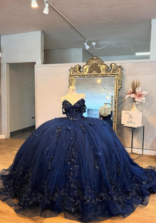 Robe de Quinceanera mexicaine bleu marine avec appliques florales et corset en cristal perlé, robe Sweet 16, fg6806