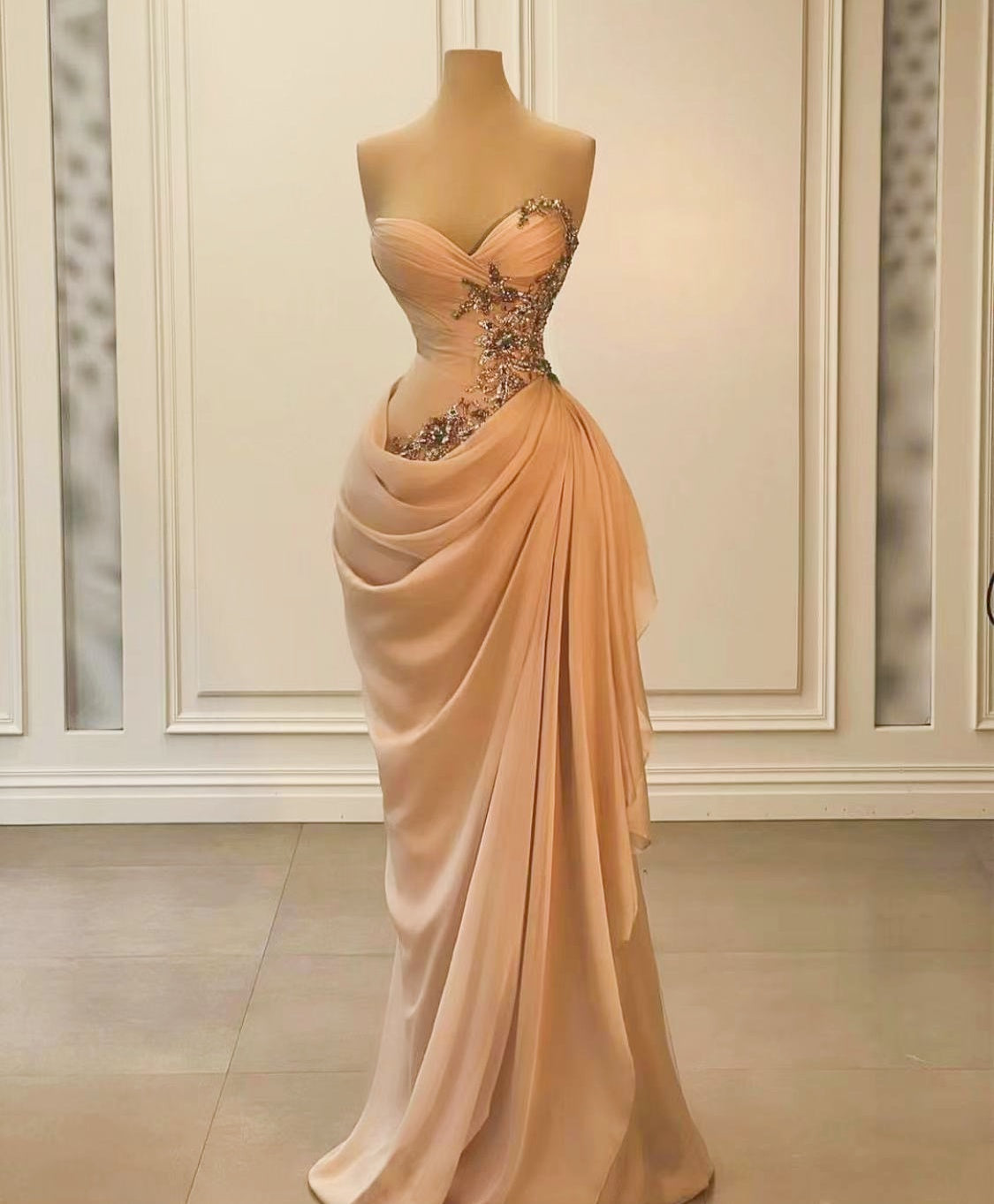 Robe de soirée sirène champagne 2025, avec ceintures, dentelle plissée, perles, en mousseline de soie, drapée, fg6587
