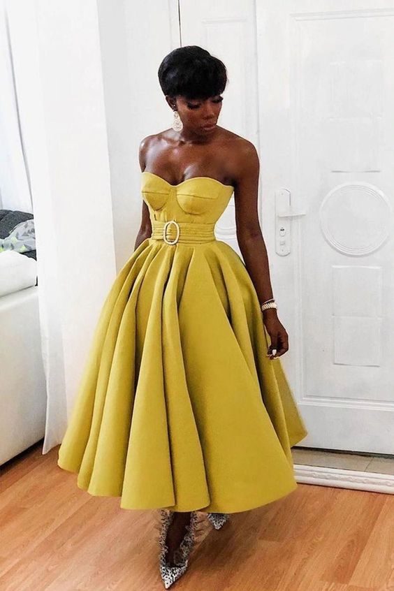 Yellow A-line Strapless Homecoming Dress With Belt fg4343 formalgowns Yellow A-line Strapless Homecoming Dress With Belt fg4343 formalgowns