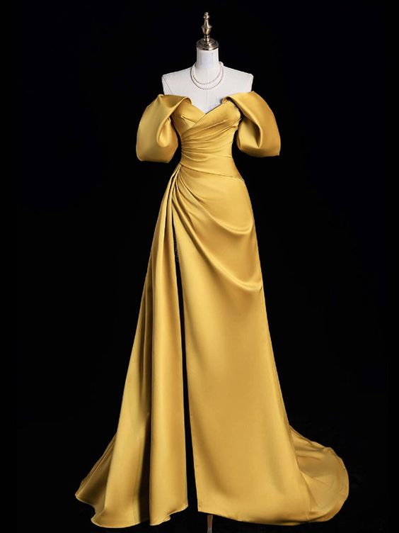 A-Line Off Shoulder Satin Gold Long Prom Dress, Gold Long Evening Dres formalgowns A-Line Off Shoulder Satin Gold Long Prom Dress, Gold Long Evening Dres formalgowns