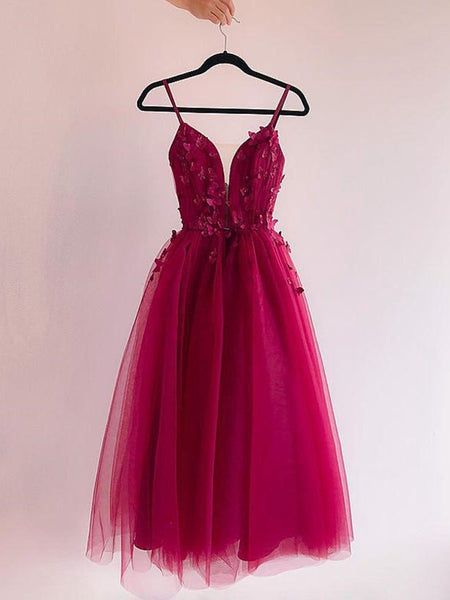 A Line V Neck Burgundy Prom Dresses with Lace Appliques, Burgundy Lace Homecoming Dresses fg6598