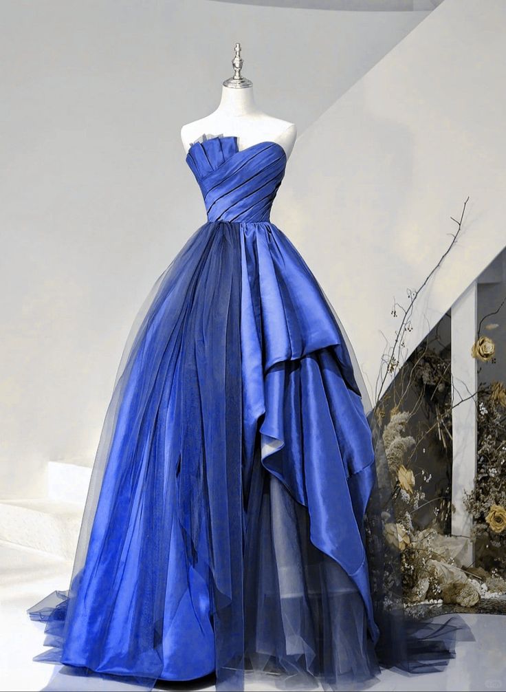 Robe de soirée longue en satin et tulle bleu, robe de bal, robe de soirée bleue fg6736