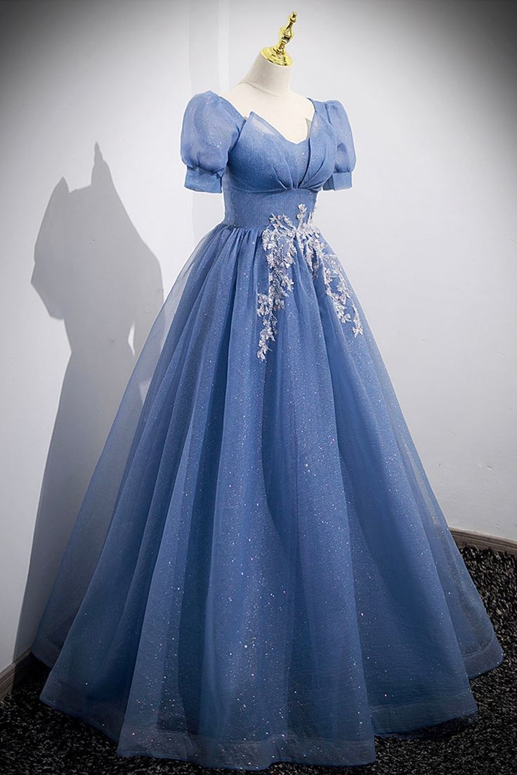 Tulle Lace Floor Length Prom Dress, Short Sleeve Evening Dress fg6424
