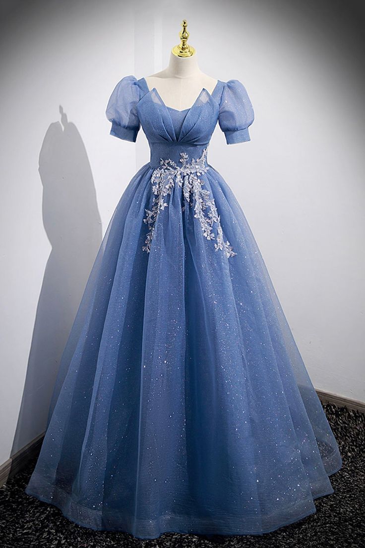 Tulle Lace Floor Length Prom Dress, Short Sleeve Evening Dress fg6424