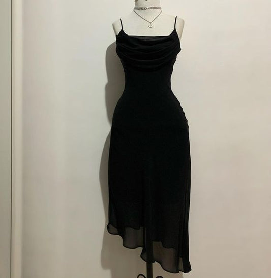 Robe de bal mi-longue en mousseline noire, robe de soirée noire fg6077