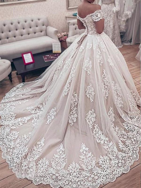 Ball Gown Wedding Dresses Off Shoulder Chapel Train Lace Tulle Short Sleeve Formal Luxurious with Appliques fg5397