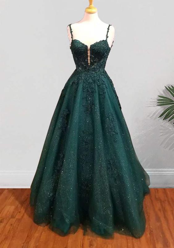 A-line Spaghetti Straps Long/Floor-Length Tulle Prom Dress With Beading Glitter Appliqued fg6754