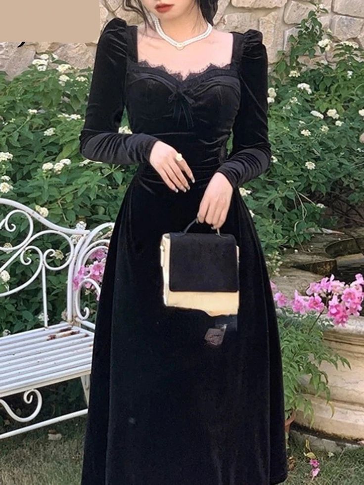 Vintage Balck Long Sleeve Dress Woman Elegant Fashion Velvet Midi Dress fg6635